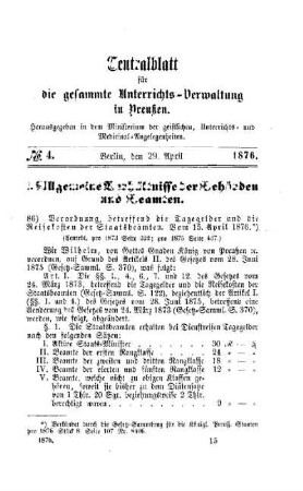 Verordnung, betreffend die Tagegelder und die Reisekosten der Staatsbeamten. Vom 15. April 1876 : [I. Allgemeine Verhältnisse der Behörden und Beamten]