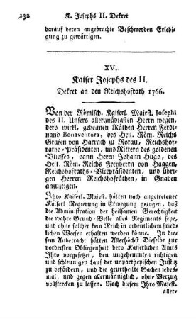 XV. Kaiser Josephs des II. Dekret an den Reichshofrath 1766.