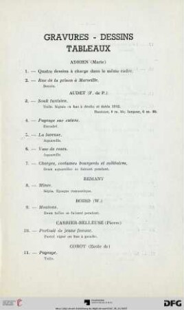 Gravures - Dessins - Tableaux (Nr. 1-30bis)