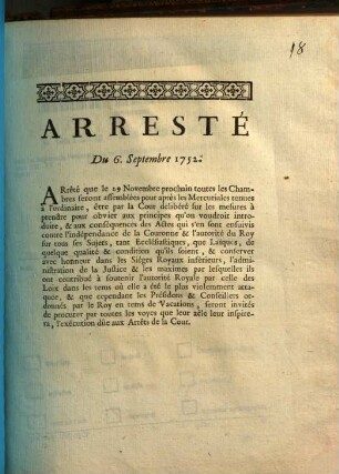 Arresté Du 6. Septembre 1752