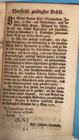 Churbaierisches neueingerichtetes ABC, oder Buchstabentabelle, nebst einer Erklärung auf churfürstl. höchsten Befehl zum Gebrauche der deutschen Schulen herausgegeben für die I. Classe der Kinder