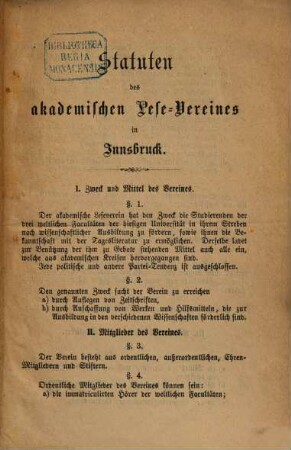 Statuten des akademischen Lese-Vereines in Innsbruck