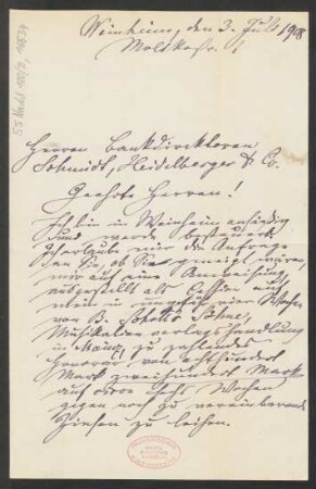 Brief an Heidelberg & Co. Bankhaus Schmidt  : 03.07.1908