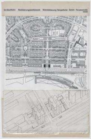 Beschränkter Realisierungswettbewerb Wohnbebauung Tempelhofer Damm/Paradestraße (nicht realisiert) – Lageplan, Isometrische Projektion. Berlin-Tempelhof, Tempelhofer Damm, Paradestraße