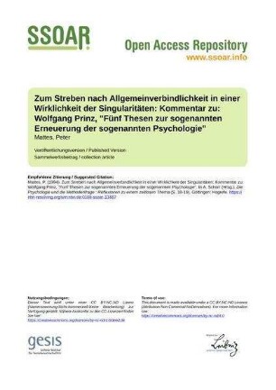 Zum Streben nach Allgemeinverbindlichkeit in einer Wirklichkeit der Singularitäten: Kommentar zu: Wolfgang Prinz, "Fünf Thesen zur sogenannten Erneuerung der sogenannten Psychologie"