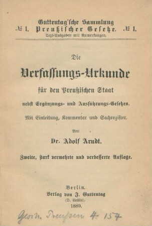 Die Verfassungs-Urkunde für den preußischen Staat : nebst Ergänzungs- und Ausführungs-Gesetzen ; mit Einleitung, Kommentar und Sachregister