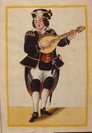 Kaiser, Christian Ehrenfried: Bergsänger mit Zister. Illustration Blatt 19 aus: Trachten der Bergleute beim Einzug zu Plauen [Dresden-Plauen, Saturnfest Plauenscher Grund] am 26. September 1719. Aquarell; 30 x 18,7 cm. Dresden: Kupferstich-Kabinett Ca 99 Blatt 19