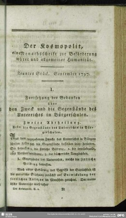 2.1797,9: Der Kosmopolit : eine Monathsschrift zur Beförderung wahrer u. allgemeiner Humanität