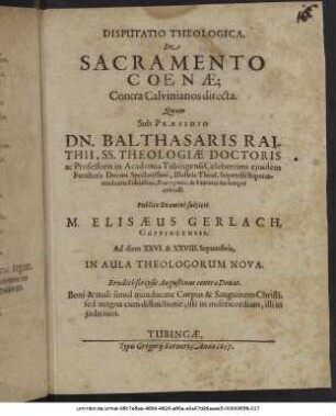 Disputatio Theologica, De Sacramento Coenae; Contra Calvinianos directa