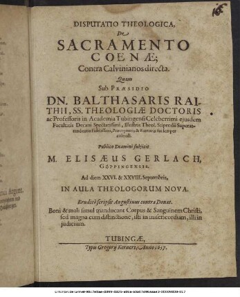 Disputatio Theologica, De Sacramento Coenae; Contra Calvinianos directa