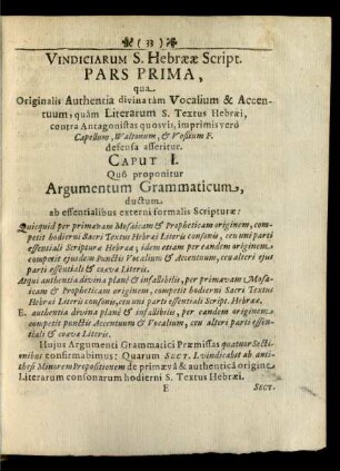 Vindiciarum S. Hebraeae Script. Pars Prima, qua Originalis Authentia divina tam Vocalium & Accentuum ...