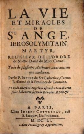 La Vie ... de Saint Ange Jerosolymitain