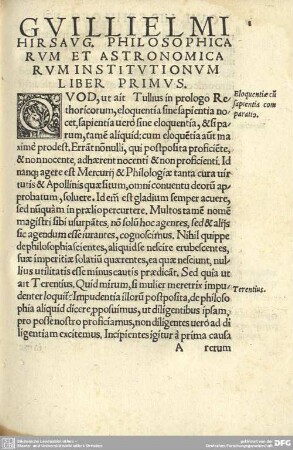 Guillielmi Hirsaug. Philosophicarum et Astronomicarum Institutionum. Liber Primus.