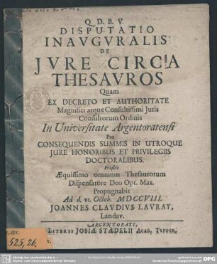 Disputatio Inuguralis De Iure Circa Thesauros