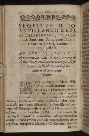 Sequitur D. Ioannis Langii Medici Celeberrimi, Et Illistrissimorum Principum Palatinorum Rheni ...