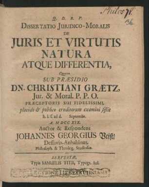 Dissertatio Juridico-Moralis De Juris Et Virtutis Natura Atque Differentia