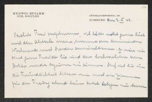 Brief von Hedwig Buller an Margarete Hauptmann