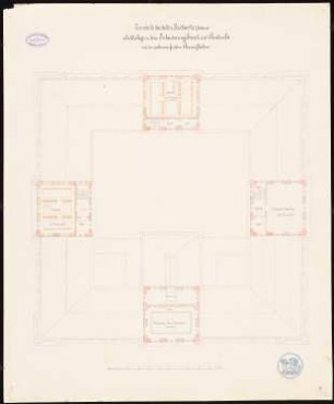 Gebäude für die Vereinigten Großherzoglichen Sammlungen (Kunst, Münzen, Bibliothek, Naturwissenschaften), Karlsruhe: Grundriss für Raumnachweis und Heizung, Dachaufsicht, Turmgeschosse