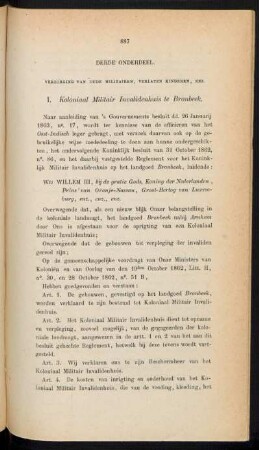 Derde onderdeel. Verzorging van oude militairen, verlaten kinderen, enz.