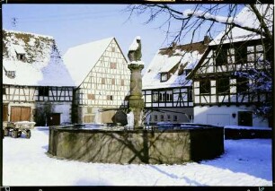Dornstetten: Brunnen vor Fachwerkhof, am Marktplatz