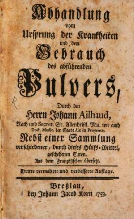Abhandlung vom Ursprung der Krankheiten und dem Gebrauch des abführenden Pulvers