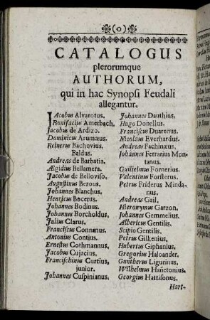 Catalogus plerorumque Authorum, qui in hac Synopsi Feudali allegantur.
