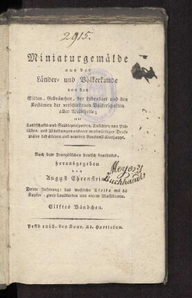 Bändchen 3: Das westliche Afrika, oder Sitten, Gebräuche und Gewohnheiten der Afrikaner zwischen dem Senegal und Gambia und der Mohrenstämme in der großen Wüste : nebst naturhistorischen Bemerkungen und der Geschichte der afrikanischen Colonien ; Mit 44 Kupfern, zwey Landkarten und einem Musikblatte