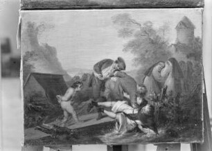 Illustrationen zum "Roman comique" von Scarron — Szene auf einer Brücke, Mönch ins Wasser gestoßen, Ragotin nackt mit gebundenen Händen