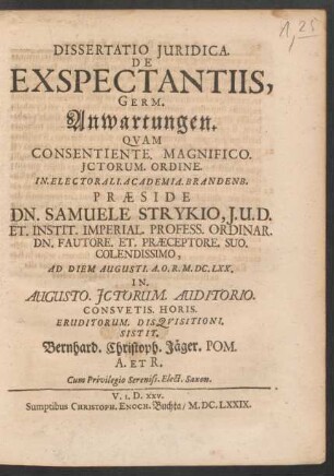 Dissertatio Iuridica. De Exspectantiis, Germ. Anwartungen