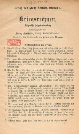 Kriegsrechnen : zeitgemäße Aufgabensammlung
