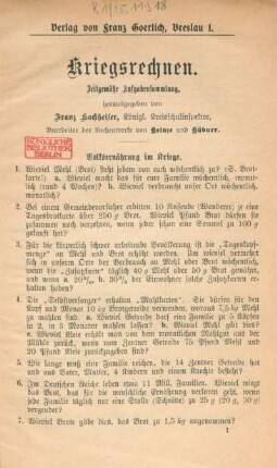 Kriegsrechnen : zeitgemäße Aufgabensammlung