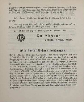 17. Ministerial-Bekanntmachung, Aenderungen in der Zusammensetzung des künstlerischen und des photographischen Sachverständigen-Vereins betreffend