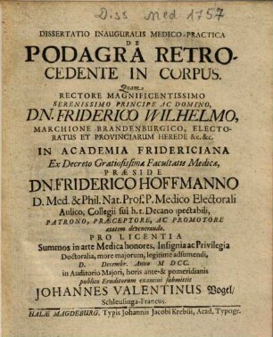 Dissertatio Inauguralis Medico-Practica De Podagra Retrocedente In Corpus