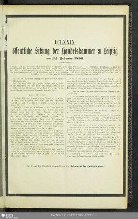 CCLXXIX. öffentliche Sitzung der Handelskammer zu Leipzig am 22. Februar 1898
