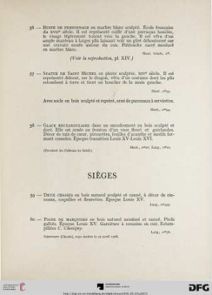 Sièges (Nr. 59-65) avec planche XVII-XVIII