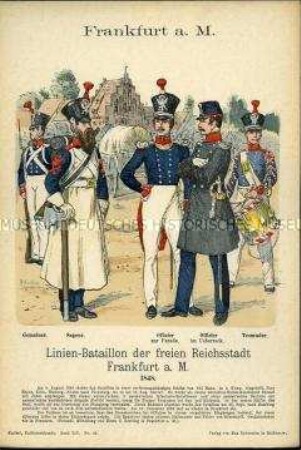 Uniformdarstellung, Gemeiner, Sappeur, Offiziere und Tambour des Linien-Bataillons, Freie Stadt Frankfurt am Main, 1848.
