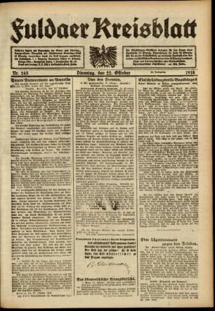 Erste Ausgabe vom Dienstag, den 22. Oktober 1918.