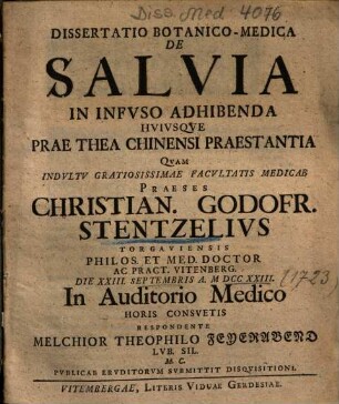 Dissertatio Botanico-Medica De Salvia In Infvso Adhibenda Hvivsqve Prae Thea Chinensi Praestantia