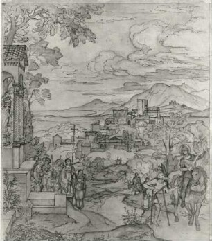 Landschaft mit Heiligen Martin, Feder, Wasserfarben ; 53,5 x 47,2 cm
