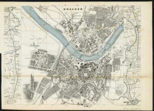 [Beil.] : Plan von Dresden, Stahlstich, um 1845, mit 2 Nebenkt. der Eisenbahnstrecke Dresden-Leipzig : Payne, Albert Henry : Dresden / A. H. Payne. - [Leipzig] , [ca. 1845]. - [21] Bl. : nur Ill., Kt. - Enth. 20 Stahlstiche und 1 Karte von Dresden