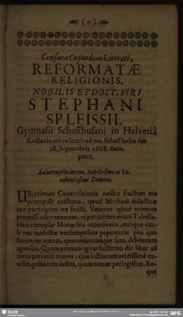Censura Cujusdam Literati, Reformatae Religionis