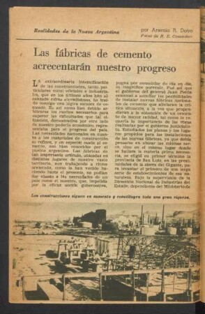 Las fábricas de cemento acrecentarán nuestro progreso : Realidades de la Nueva Argentina