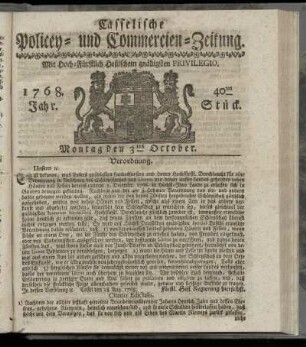 40tes Stueck, Montag den 3ten October. 1768