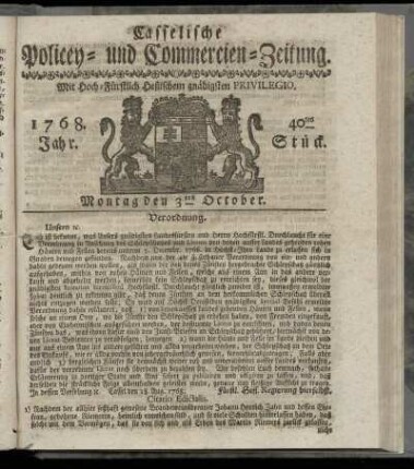 40tes Stueck, Montag den 3ten October. 1768