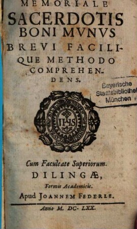 Memoriale Sacerdotis Boni Mvnvs Brevi Facilique Methodo Comprehendens
