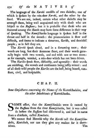 Chap. II. Some conjectures concerning ithe names of the Kamtschadales, and the other inhabitants of Kamtschatka
