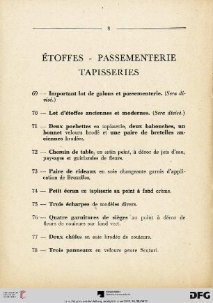 Étoffes - Passementerie - Tapisseries (Nr. 69-138)
