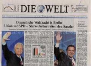 Tageszeitung "Die Welt" mit Titelbericht zum Ausgang der Bundestagswahl 2002