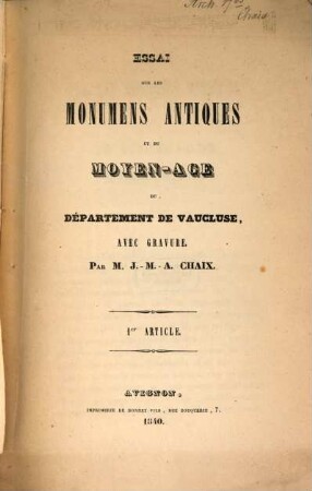 Essai sur les monumens antiques et du moyen-age du département de Vaucluse : avec gravure