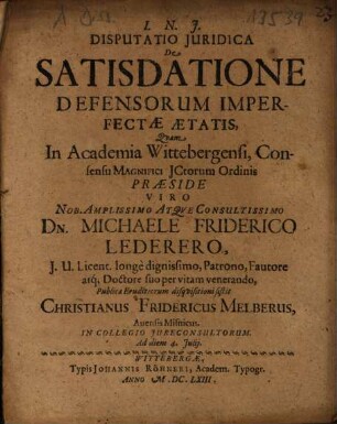 Disputatio Iuridica De Satisdatione Defensorum Imperfectae Aetatis